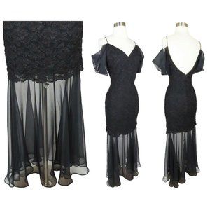 Vintage 90s Black Goth Mermaid Sheer Chiffon Maxi Grunge Prom Party Dress S M